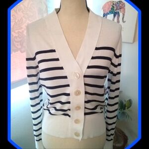 J. Crew Lightweight White/Navy Striped Crop Button Down Cardigan